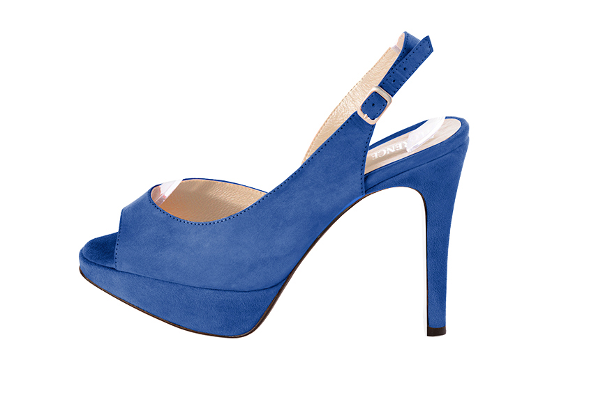 Dress heels peep-toe slingback in electric blue leather with high slim heels with a platform at the front and round toe - Profile view